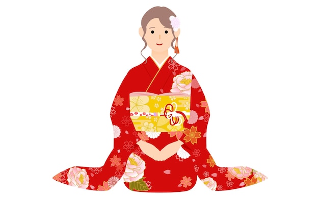 Mulher de quimono furisode sentada no chão cumprimentando o ano novo