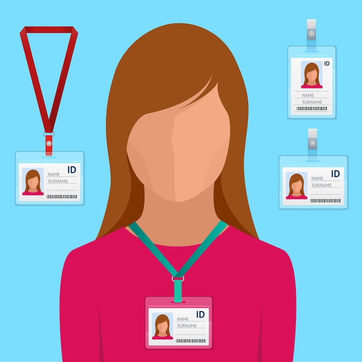 Vetor mulher de terno com gravata vermelha e crachá de identificação empregados de identificação de plástico branco em branco cartões de identificação com ilustração vetorial de fecho em estilo simples