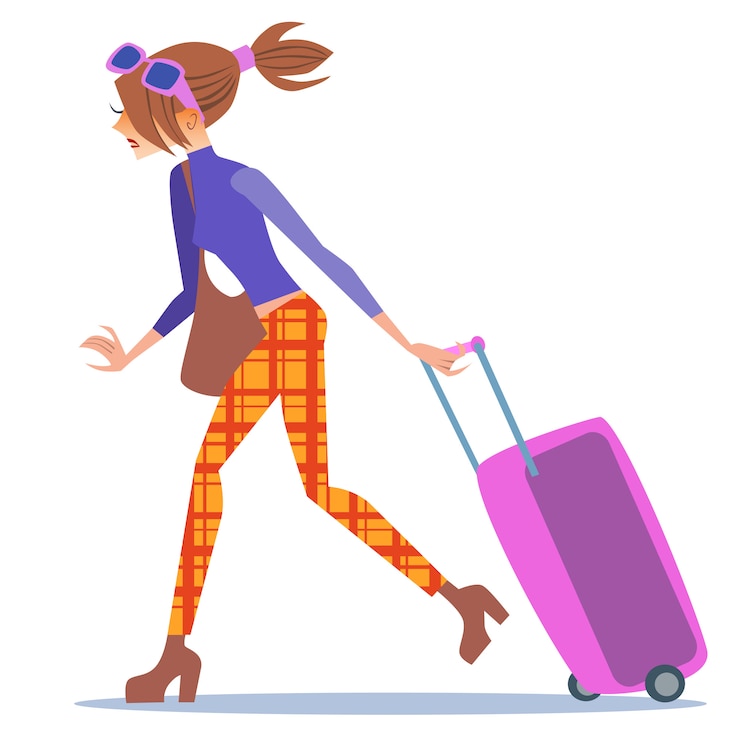Vetor mulher de turista andando com uma viagem de mala