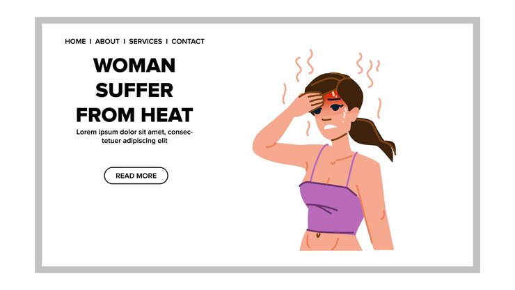Vetor mulher de verão sofre de calor vector web plana verão onda de suor quente mulher de verão sofre de calor web flat cartoon ilustração