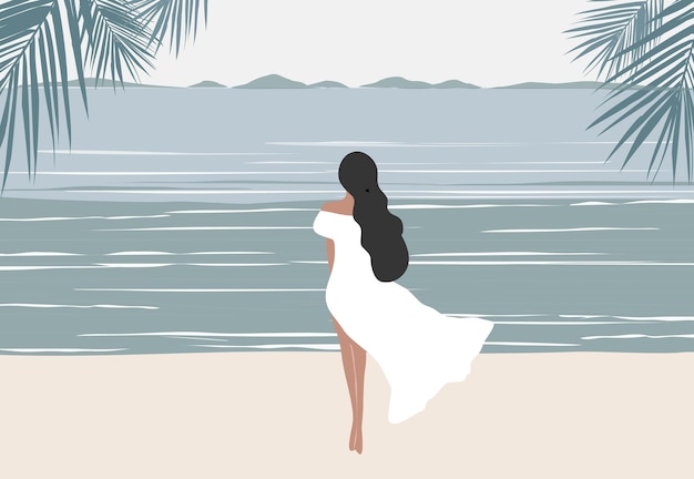 Mulher de vestido branco sozinha na praia ilustração vetorial