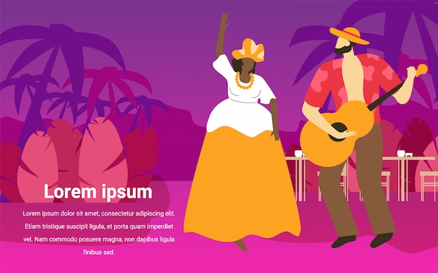 Mulher de vestido de carnaval. Homem de camisa com guitarra.