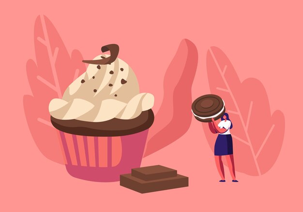 Mulher decora cupcake festivo com chocolate, creme e biscoitos. ilustração plana dos desenhos animados