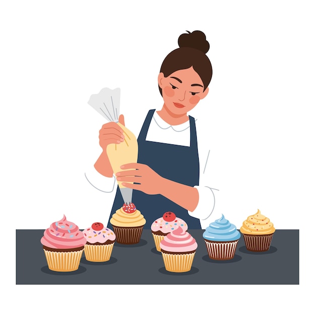 Mulher decorando cupcakes com glasura e coberturas em um cenário de padaria
