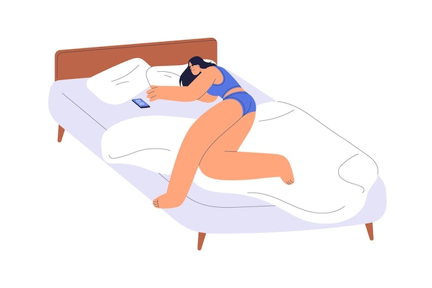 Mulher deitada na cama acordando de manhã com um smartphone Menina feliz dormindo com um telefone móvel Personagem feminina adormecida com o aparelho Hora de despertar Ilustração vetorial plana isolada em fundo branco