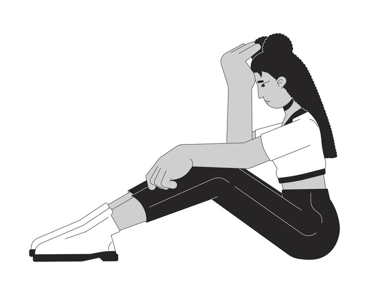 Vetor mulher deprimida sentada ilustração plana de desenho animado em preto e branco
