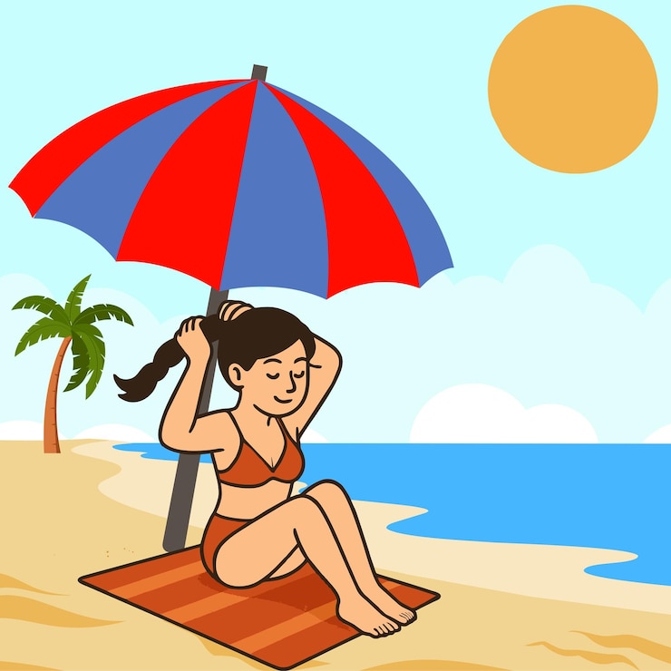 Vetor mulher desfrutando de um dia ensolarado na praia sob um guarda-chuva