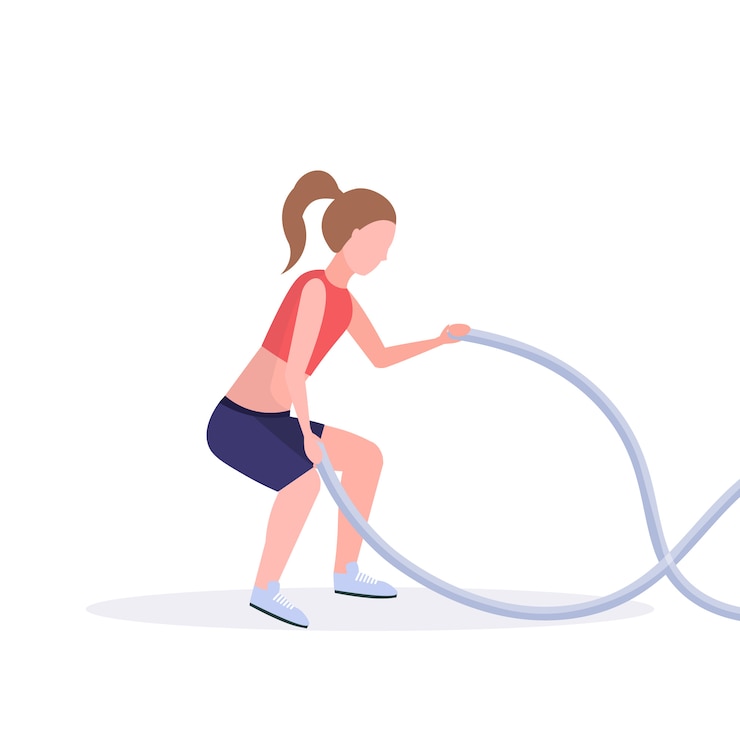 Vetor mulher desportiva fazendo exercícios crossfit com menina de corda de batalha, treinamento no ginásio cardio treino conceito de estilo de vida saudável fundo branco comprimento total