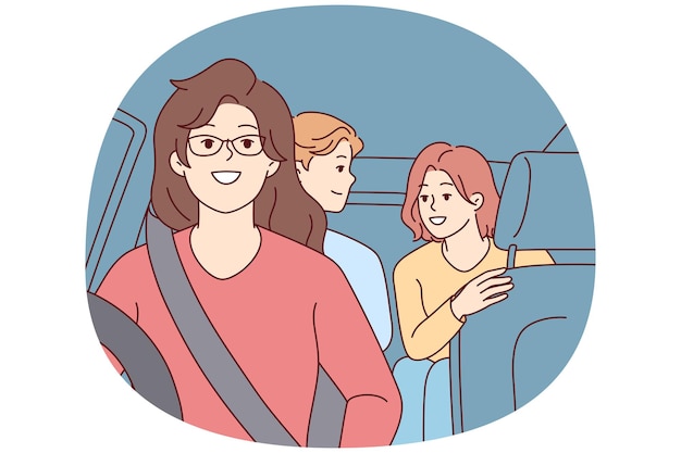 Vetor mulher dirige carro com crianças adolescentes no assento do passageiro dando-lhes boleia para a escola imagem vetorial