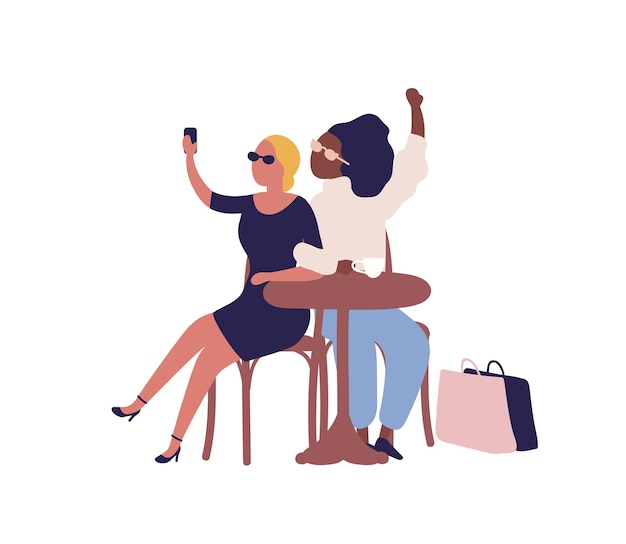 Mulher diversificada elegante dos desenhos animados posando tomando selfie em ilustração plana de vetor de café. alegre amiga sentada à mesa no refeitório isolado no branco. garota feliz fazendo foto durante a pausa para o café.