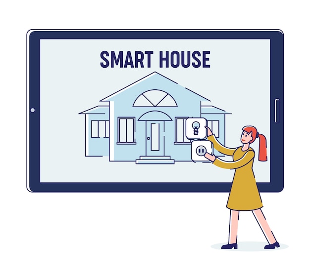 Vetor mulher do aplicativo móvel smart house está configurando a tecnologia smart house intelligence