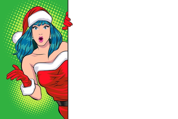 Mulher do pai natal a espreitar por trás do cartaz em branco pop art comic style