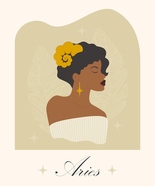 Vetor mulher do signo do zodíaco de áries com ilustração de chifres fofos senhora afro-americana em vestido bege símbolo astrológico