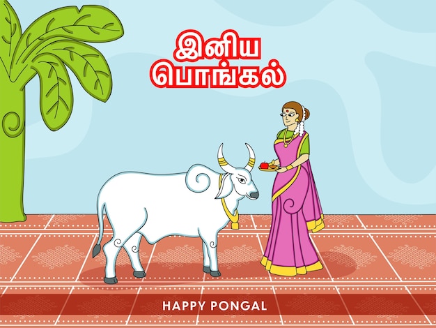 Mulher do sul da Índia dos desenhos animados adorando touro por ocasião do festival de Pongal