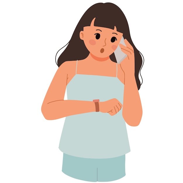 Mulher do telefone esperando alguém olhando a ilustração do relógio