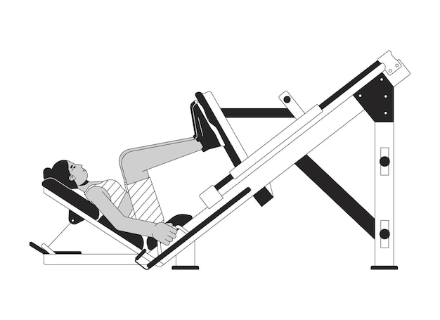 Mulher dobrando os joelhos na máquina de pressão de perna linha plana personagem vetorial preto e branco contorno editável corpo inteiro pessoa Quadriceps exercício simples desenho animado ponto isolado ilustração para web design