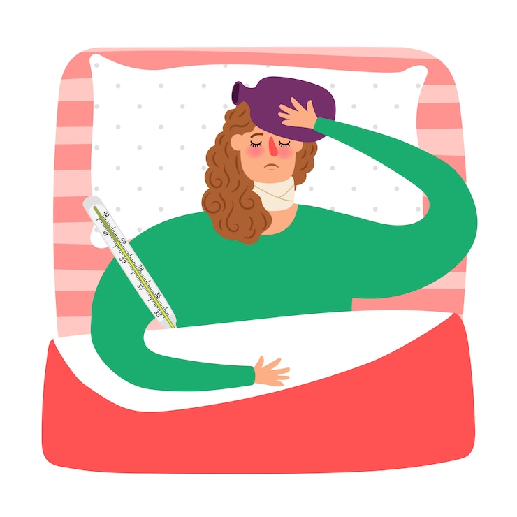 Vetor mulher doente dos desenhos animados, deitada na cama com termômetro