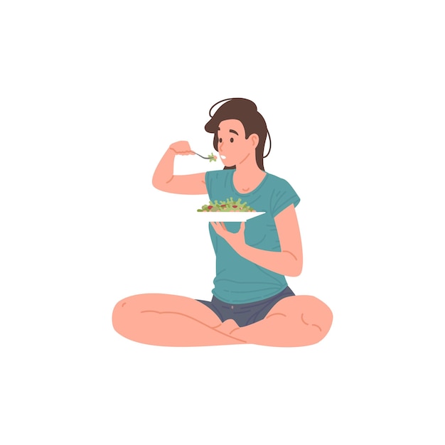 Mulher doméstica relaxada comendo salada fresca e saudável sentada em posição de lótus no chão de casa vetor