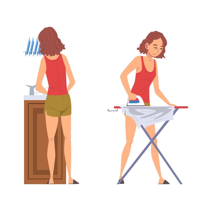 Vetor mulher dona de casa fazendo tarefas domésticas lavando os pratos e roupas irrigando vector set