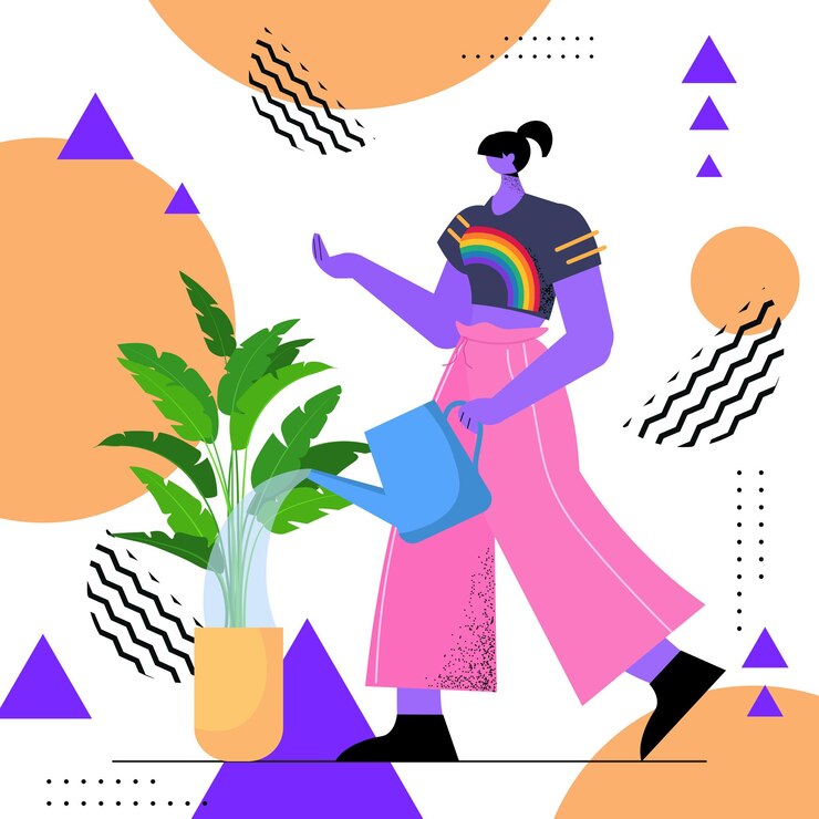 Vetor mulher dona de casa regando plantas mulher vestindo camiseta lgbt arco-íris transgênero ama o conceito de trabalho doméstico