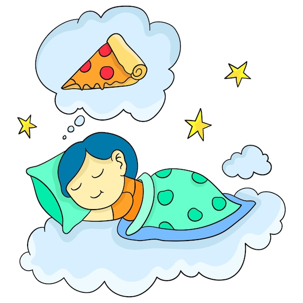 Mulher dorme e sonha com uma fatia de pizza. adesivo de ilustração de desenho animado fofo