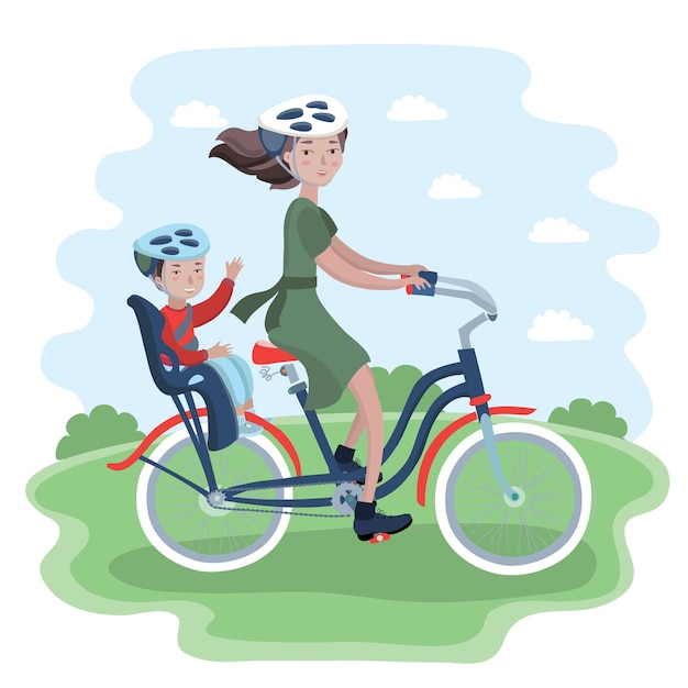 Mulher e criança em viagem de bicicleta. mulher encontra seu filho no capacete de bicicleta.