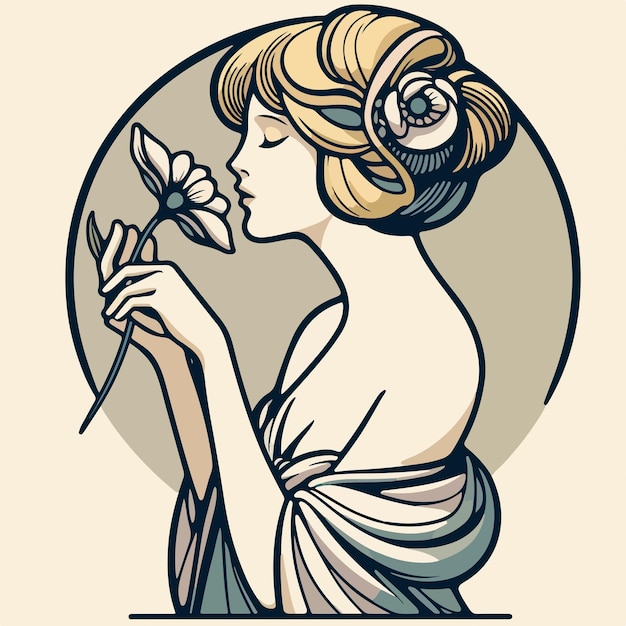 Vetor mulher e flores no estilo art nouveau