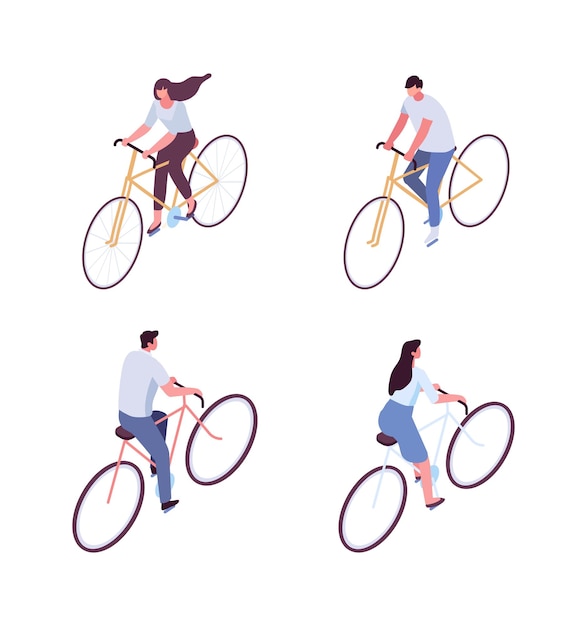 Mulher e homem andando de bicicleta isométrica personagem vetorial