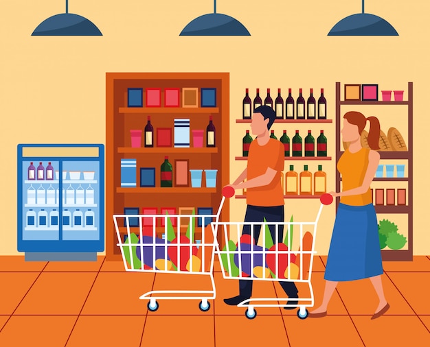 Mulher e homem com carros de supermercado no corredor do supermercado, design colorido