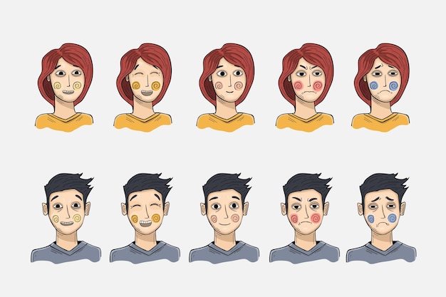 Mulher e homem com diferentes expressões faciais definir ilustração vetorial isolada