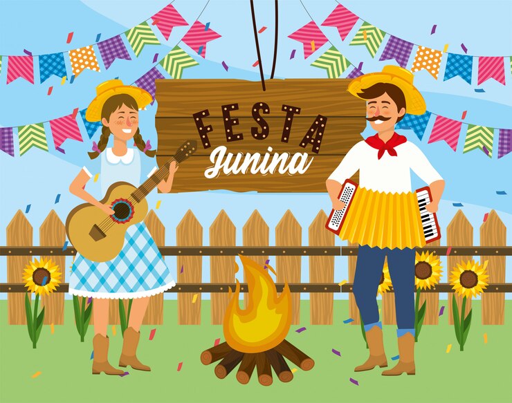 Vetor mulher e homem com guitarra e acordeão para festival