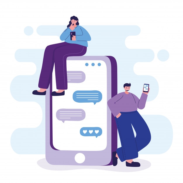 Mulher e homem com smartphone conversando design