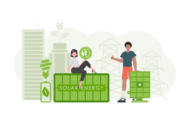 Vetor mulher e homem e painéis solares conceito de energia verde ilustração vetorial