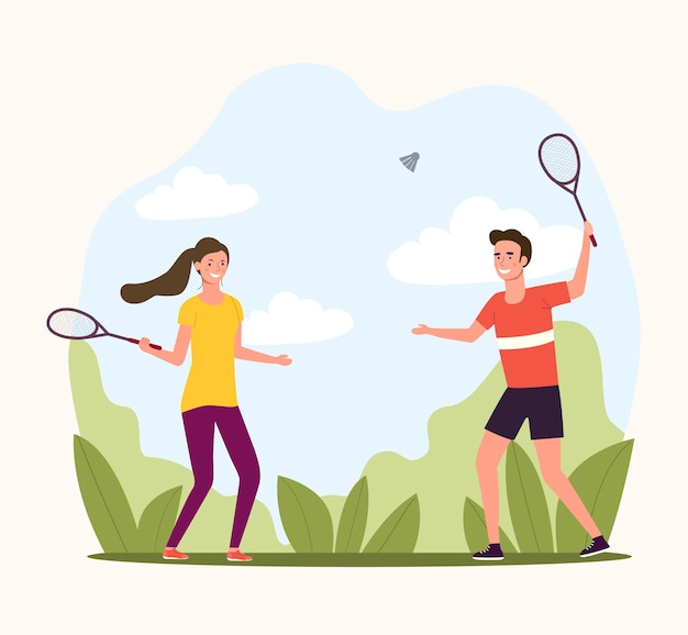 Vetor mulher e homem jogando badminton. ilustração vetorial