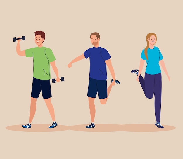 Mulher e homens levantando peso e alongando o projeto, esporte de ginásio e tema de musculação.