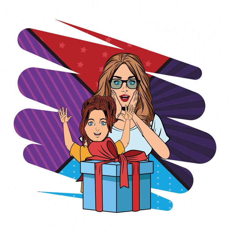 Vetor mulher e menina com caixa de presente pop art