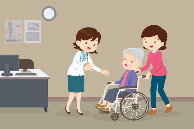 Mulher e mulher idosa em cadeira de rodas, consulte o médico