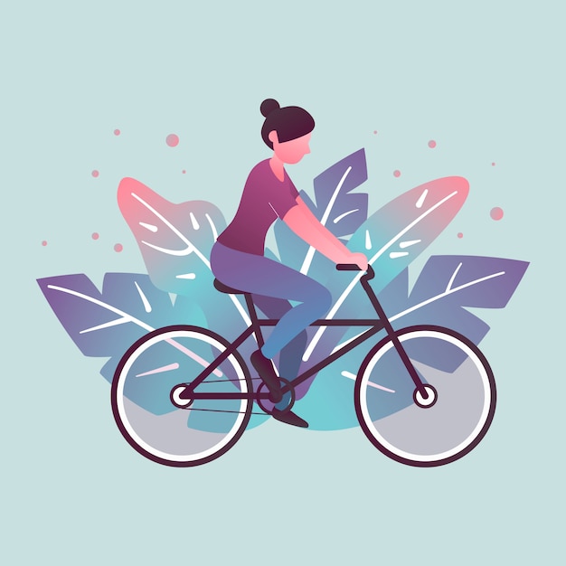 Vetor mulher e seu hobby ou atividade diária, andar de bicicleta ao ar livre