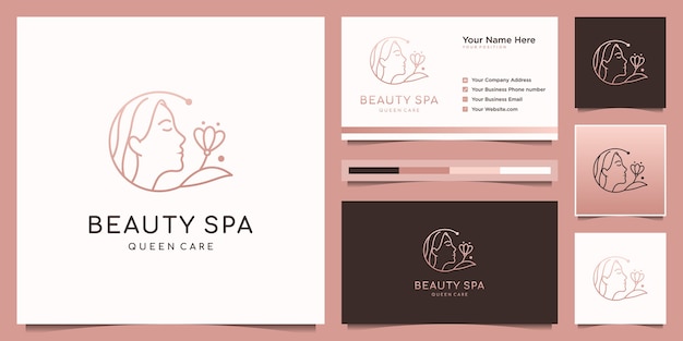 Mulher elegante cabeleireiro, design de logotipo de spa e flores e cartão de visita