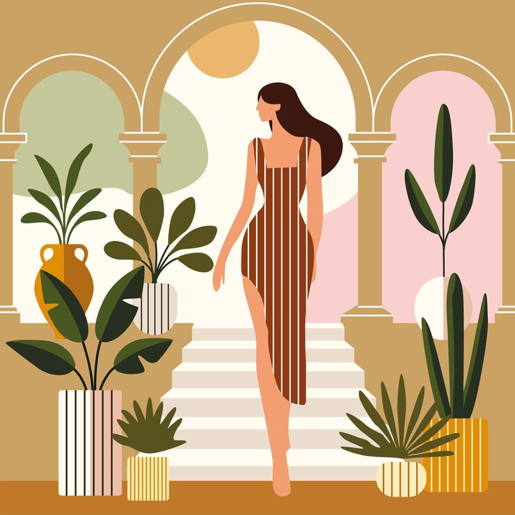 Vetor mulher elegante caminhando por arquitetura arqueada com plantas em vasos exuberantes vestindo um vestido listrado