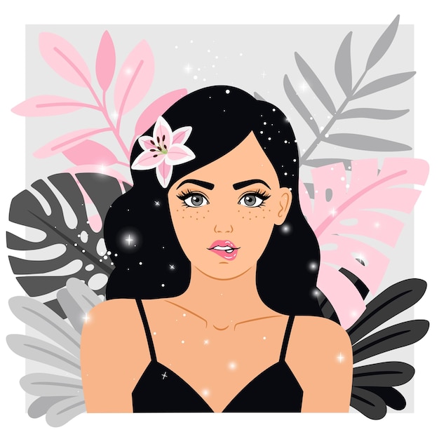 Mulher elegante com uma flor no cabelo. desenho animado linda senhora romântica, modelo jovem, ilustração vetorial de retrato colorido de mulher contra o fundo dos ramos