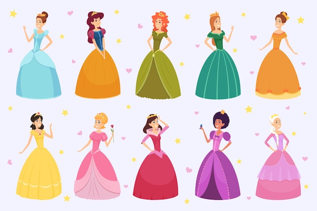 Mulher elegante de conto de fadas. desenho animado jovem linda princesa fantasia em forma de crianças em trajes e vestidos coloridos.