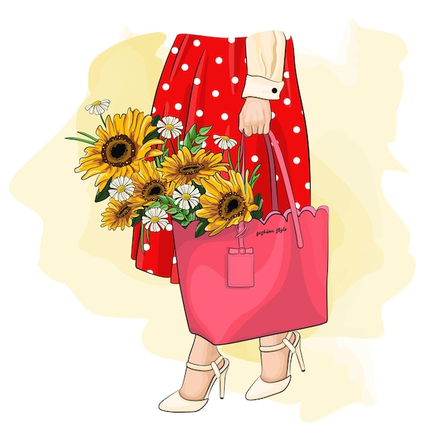 Mulher elegante em ilustração vetorial de desenho de saia de bolinhas. senhora elegante segurando bolsa com flores