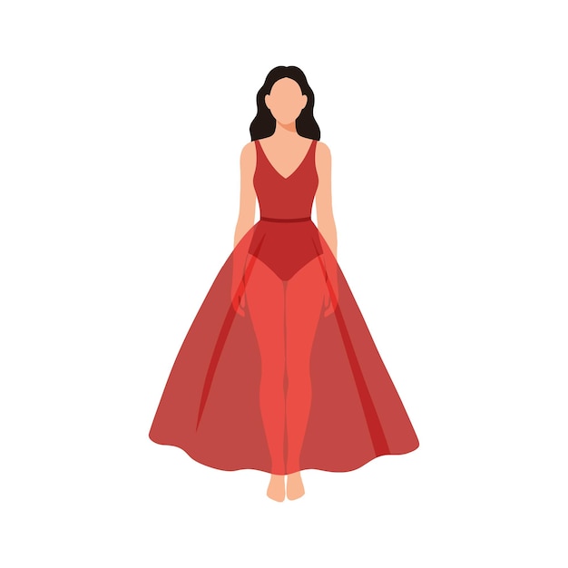 Mulher elegante em um vestido vermelho fluido exibindo minimalismo moderno em uma pose de moda incorporando graça e confiança em ilustração vetorial