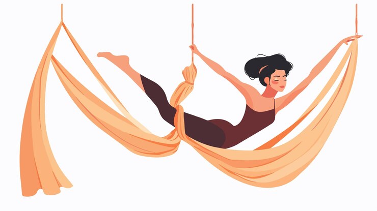 Vetor mulher elegante praticando ioga aérea com graça e equilíbrio