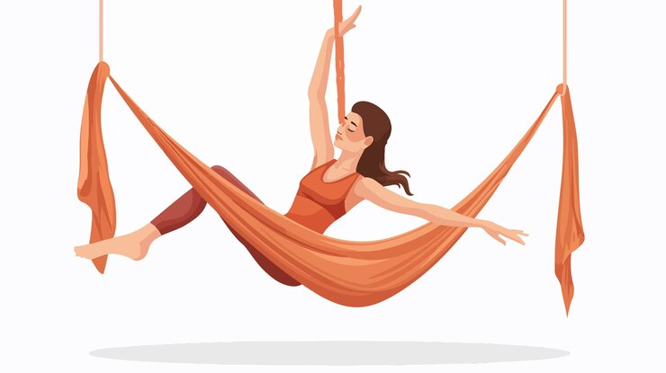 Vetor mulher elegante praticando ioga aérea com graça e equilíbrio