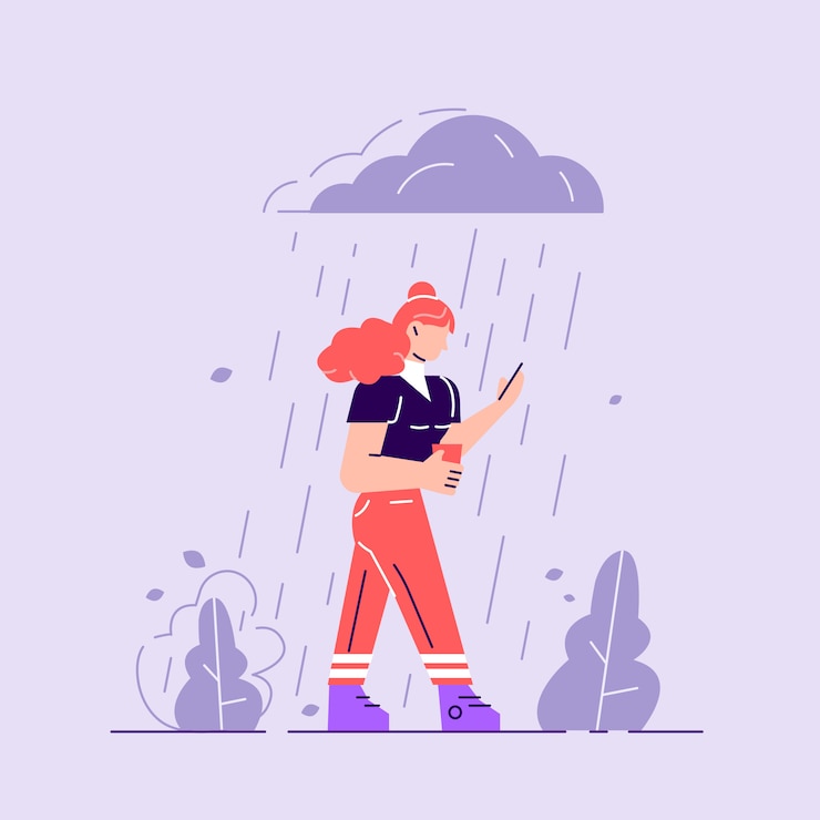 Vetor mulher em depressão. personagem triste em pé sob a chuva. tempo nublado