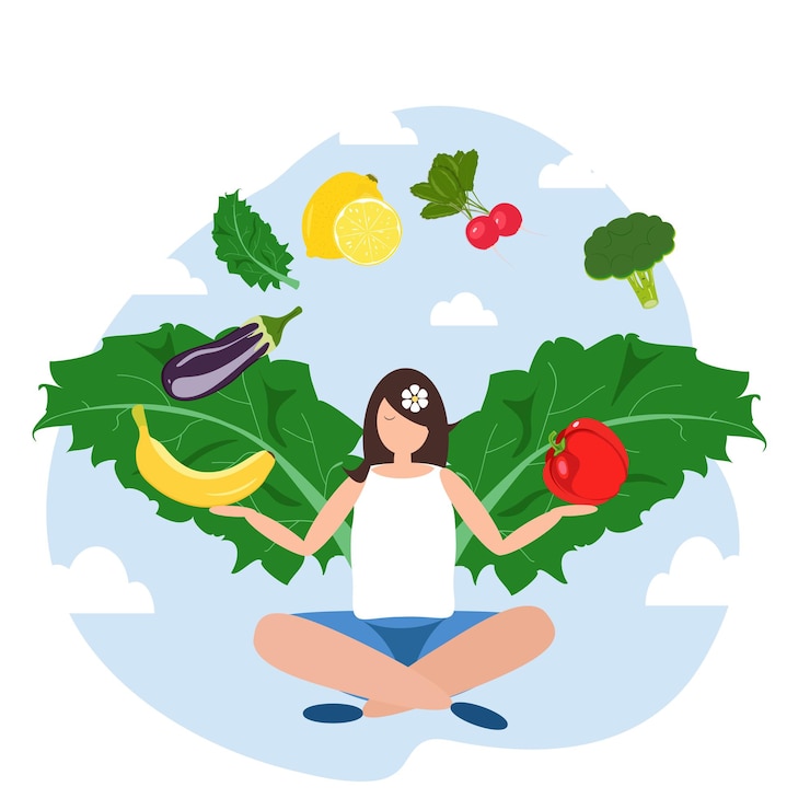 Vetor mulher em equilíbrio alimentar com frutas e legumes