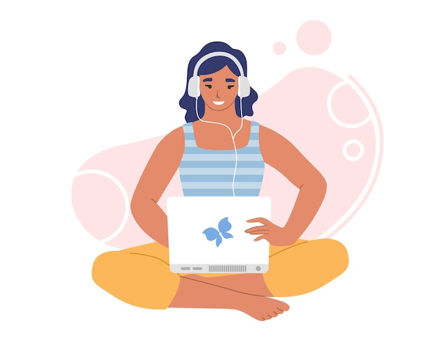 Mulher em fones de ouvido, ouvindo música, rádio online, podcast, audiolivro no computador portátil, ilustração vetorial.