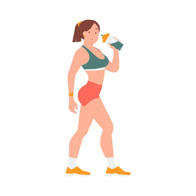 Mulher em forma em roupas atléticas, garrafa de água potável, mantendo-se hidratada após o treino. Ilustração plana do exercício
